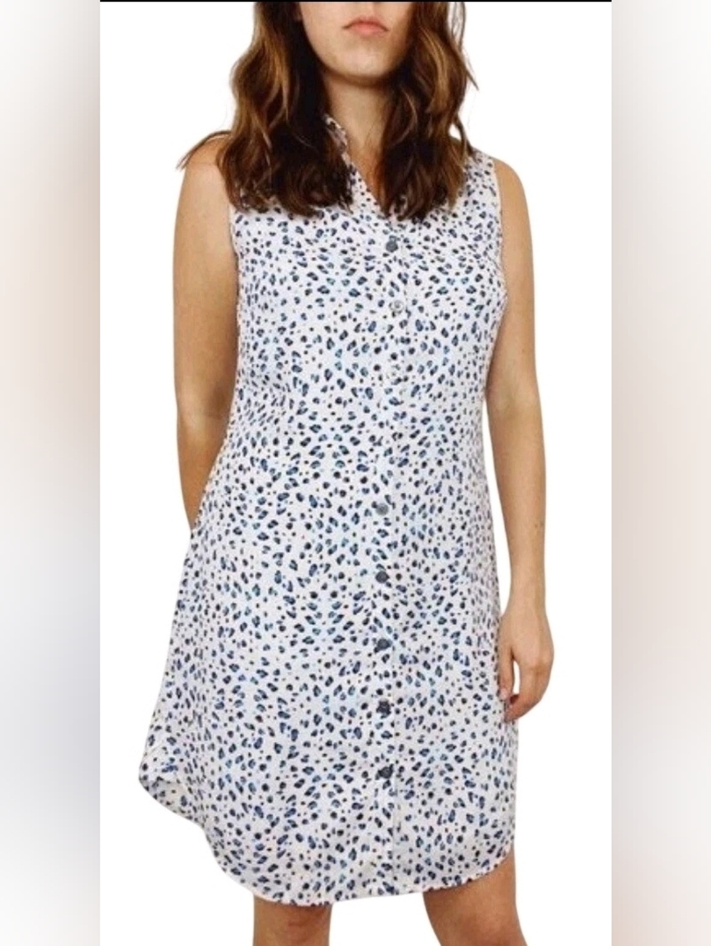 Cabi Sleeveless Buttoned White Shirtdress with Aqua Blue Speckle Animal Print